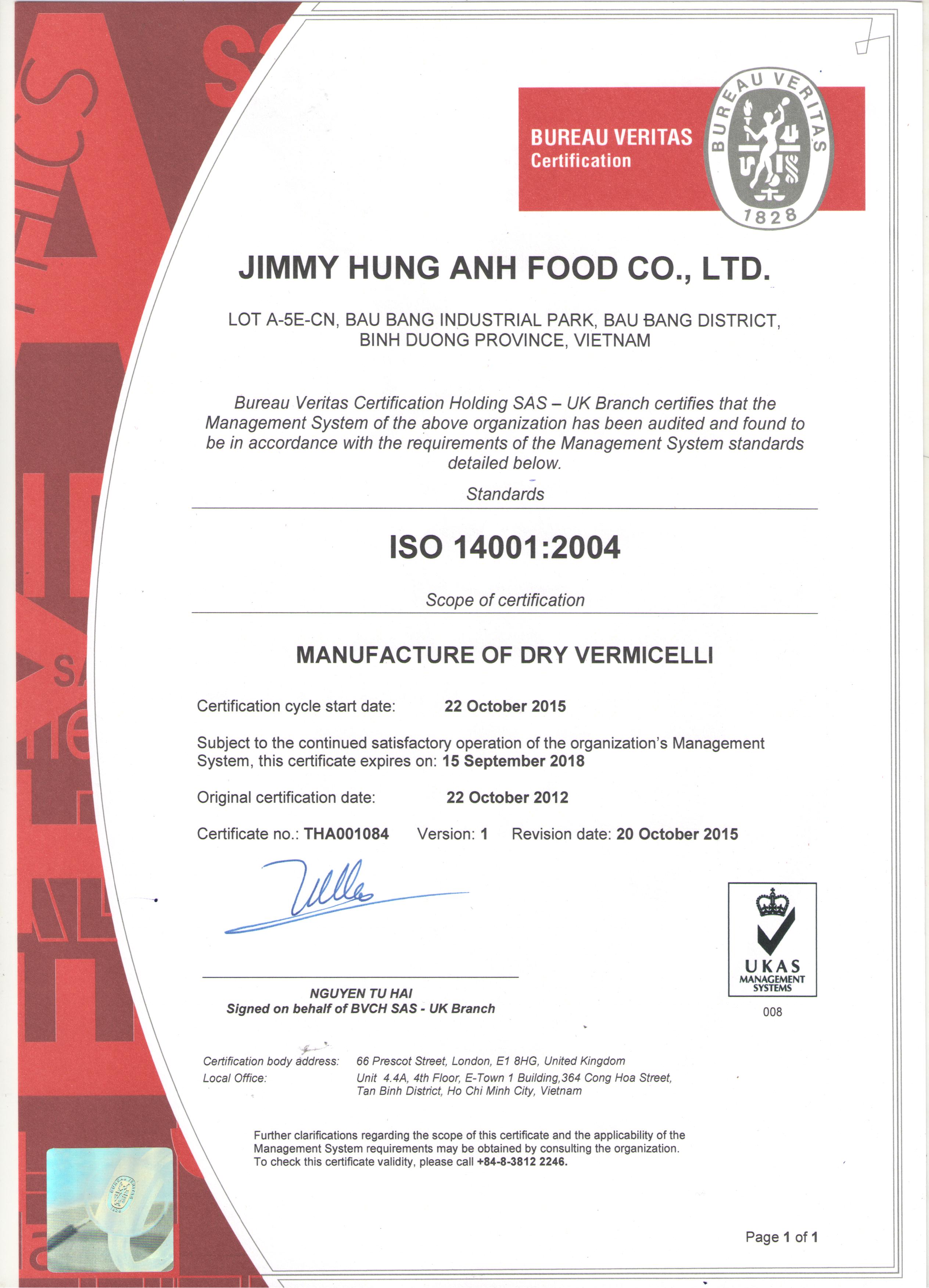 ISO 14001 - Công Ty TNHH Jimmy Food